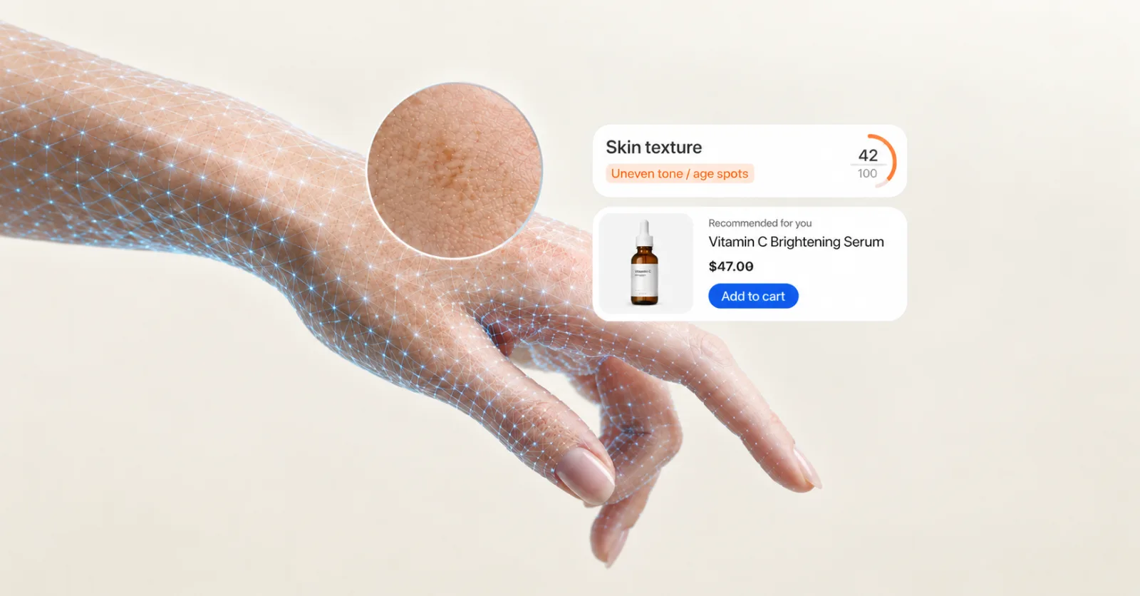 A hand scanned for skin texture, with a matching product recommendation